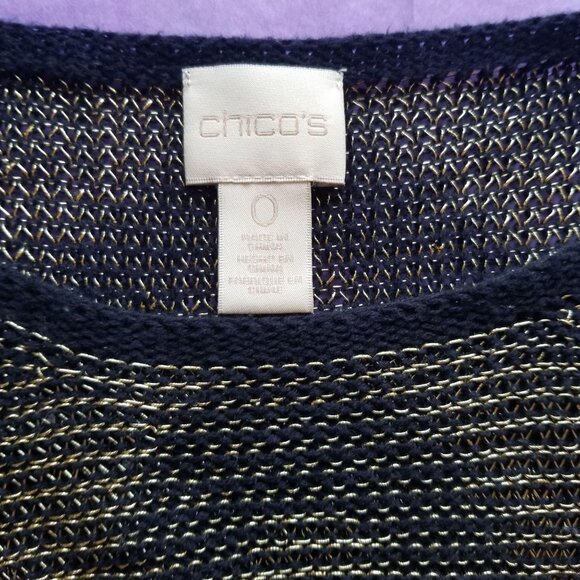 Chicos Chevron Knit Short Sleeve Sweater Top Size 0 Black Gold Metallic Lightwei - Picture 4 of 5